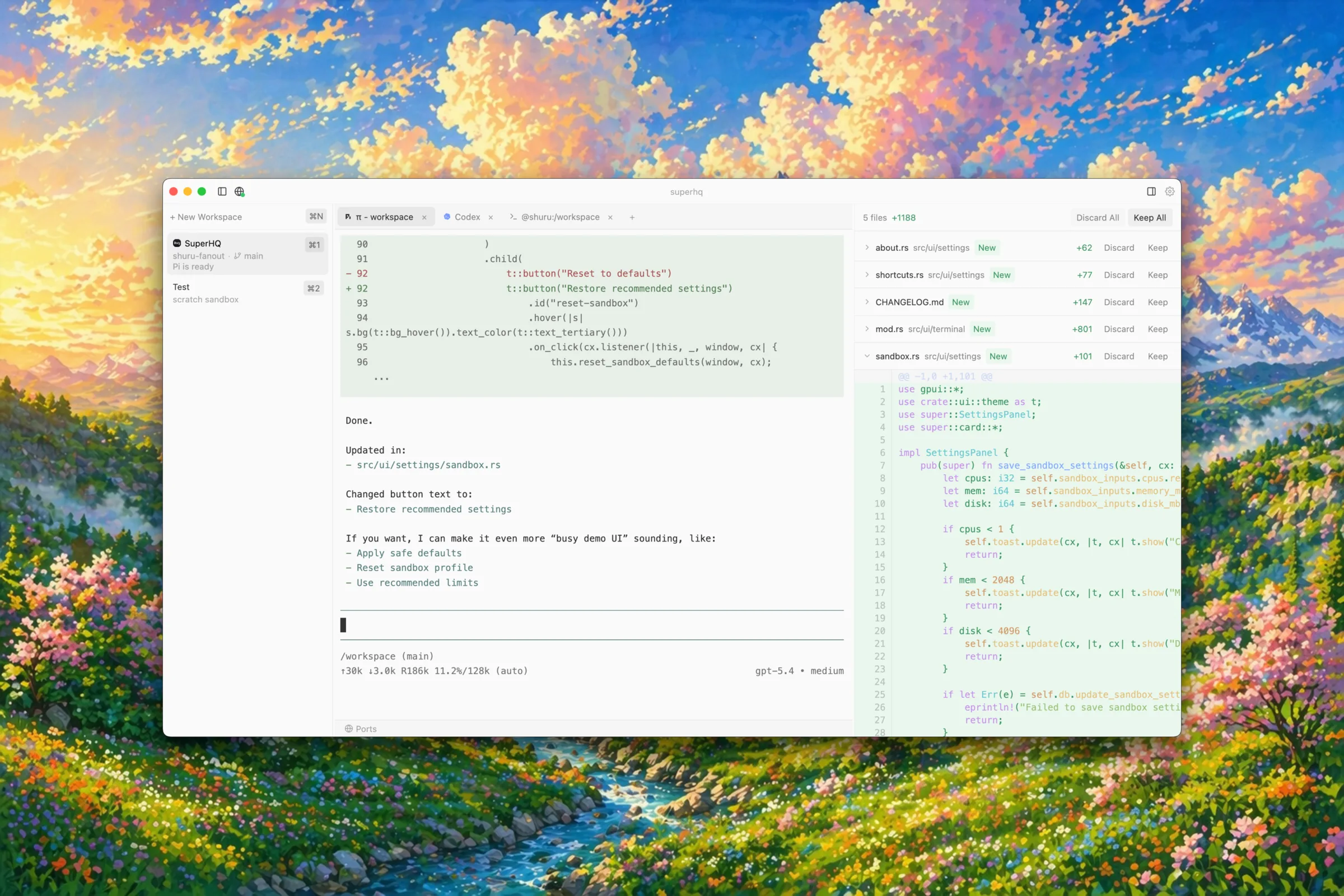 SuperHQ desktop app — sandboxed agents, terminal, review panel, on a ghibli-style mountain backdrop